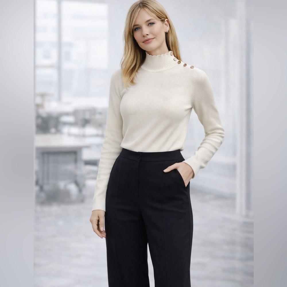 White House Black Market Mock Neck Sweater White Medium Button Shoulder